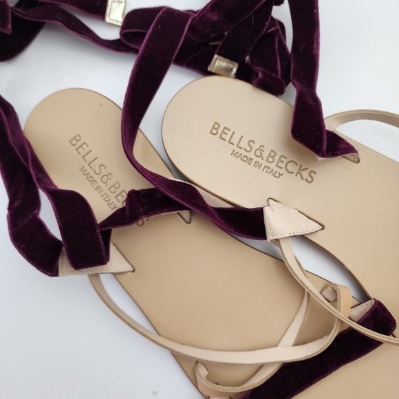 Bells & Becks  Made In Italy Velvet Leather Strappy Sandals Maroon Open Toe 8.5 - Picture 4 of 6